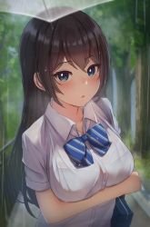 Rule 34 | 1girl, :o, absurdres, arm under breasts, bad id, bad pixiv id, bag, black bra, blue bow, blue eyes, blush, bow, bra, bra visible through clothes, breasts, brown hair, collared shirt, commentary request, dress shirt, hair between eyes, highres, large breasts, long hair, looking at viewer, open mouth, original, ponyaru, rain, school bag, school uniform, see-through, shirt, short sleeves, striped, striped bow, tree, umbrella, underwear, water drop, white shirt