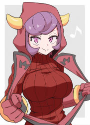 Rule 34 | 1girl, breasts, courtney (pokemon), creatures (company), fake horns, game freak, gloves, grey background, highres, hood, hood up, horned headwear, horned hood, horns, kurachi mizuki, large breasts, lips, looking at viewer, looking to the side, musical note, nintendo, pokemon, pokemon oras, purple eyes, purple hair, ribbed sweater, simple background, smile, solo, strap pull, sweater, team magma, team magma uniform, white background