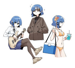 Rule 34 | 1girl, bass guitar, bikini, black ribbon, blue hair, bocchi the rock!, brown coat, closed mouth, coat, collared shirt, cup, flower, hair flower, hair ornament, hands in pockets, highres, holding, holding cup, instrument, mole, mole under eye, music, neck ribbon, neonfloyd, pantyhose, playing instrument, pleated skirt, ribbon, school uniform, shirt, shirt tucked in, short hair, simple background, skirt, solo, standing, sunglasses, swimsuit, white background, white shirt, yamada ryo, yellow bikini, yellow eyes