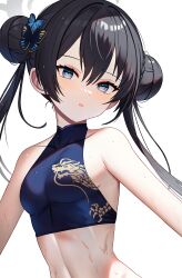 Rule 34 | 1girl, bare arms, bare shoulders, black hair, blue archive, blue eyes, blush, breasts, butterfly hair ornament, chinese clothes, contrapposto, crop top, dot nose, double bun, dragon print, female focus, grey halo, hair between eyes, hair bun, hair ornament, halo, halterneck, head tilt, highres, kisaki (blue archive), lips, long hair, melreon, midriff, nape, parted lips, portrait, simple background, small breasts, solo, sweat, tsurime, white background