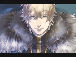 Rule 34 | 1boy, armor, blonde hair, blue cape, blue eyes, cape, collared cape, fate/extra, fate/grand order, fate (series), fur collar, gawain (fate), knight, knights of the round table (fate), looking at viewer, male focus, s10125, short hair, smile, solo, upper body