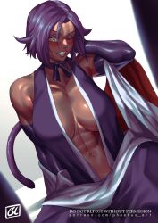 1girl 2022 abs artist_name bare_shoulders bleach blush breasts choker collarbone dark-skinned_female dark_skin elbow_gloves female_focus gloves highres large_breasts looking_at_viewer medium_hair muscular muscular_female one_eye_closed patreon_username phoebus_art purple_hair shihakusho shihouin_yoruichi shiny_skin simple_background tail teeth toned toned_female variant_set yellow_eyes