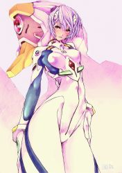 Rule 34 | 1girl, ayanami rei, blush, bodysuit, bracer, breasts, covered erect nipples, cowboy shot, eva 00, foreshortening, from below, gloves, hair between eyes, hair ornament, hand on own thigh, head tilt, kotatsu-spirit, mecha, narrow waist, neon genesis evangelion, one-eyed, parted lips, pilot suit, plugsuit, red eyes, robot, short hair, signature, silver hair, small breasts, solo, thighs, turtleneck