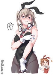 Rule 34 | 2girls, alternate costume, animal ears, aquila (kancolle), bare shoulders, black legwear, black leotard, blonde hair, breasts, celtic knot, closed eyes, closed mouth, covered navel, cowboy shot, cross, detached collar, ebifurya, embarrassed, fake animal ears, gloves, graf zeppelin (kancolle), grey eyes, hair between eyes, hair ornament, hairclip, high ponytail, highres, iron cross, kantai collection, large breasts, leotard, looking at viewer, multiple girls, open mouth, orange hair, pantyhose, playboy bunny, pointing, pointing forward, rabbit ears, rabbit tail, red leotard, sidelocks, spoken squiggle, squiggle, strapless, strapless leotard, tail, tears, tsurime, twintails, twitter username, wavy hair, wavy mouth, white background, white gloves, wrist cuffs