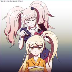 Rule 34 | 2girls, adjusting another&#039;s hair, bear hair ornament, black shirt, bow, brown eyes, closed eyes, closed mouth, collarbone, commentary request, danganronpa: trigger happy havoc, danganronpa (series), enoshima junko, female focus, gradient background, grey background, hair ornament, hand up, highres, holding, holding own hair, japanese clothes, kimono, looking at viewer, miniskirt, multiple girls, obi, orange kimono, pleated skirt, red bow, red skirt, saionji hiyoko, sash, shirt, short sleeves, simple background, skirt, smile, tansug (tansuk88), translation request, twintails