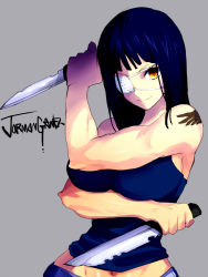 Rule 34 | 1girl, blue hair, breasts, combat knife, copyright name, dual wielding, grey background, holding, jormungand (manga), knife, large breasts, long hair, mataro (matarou), midriff, navel, reverse grip, simple background, smile, sofia valmer, solo, tattoo, toned, weapon, yellow eyes