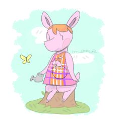 Rule 34 | 1girl, animal crossing, blue background, bug, butterfly, dress, grass, insect, kangaroo, marcie (animal crossing), nintendo, pink dress, sitting on tree stump, sky, watering can, white background