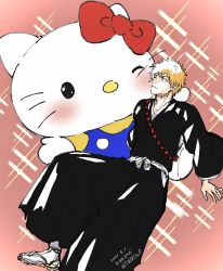 Rule 34 | 1boy, absurdres, black hakama, bleach, blush, bow, brown eyes, crossover, foot out of frame, full body, hair bow, hakama, hello kitty, hello kitty (character), highres, japanese clothes, kurosaki ichigo, long sleeves, looking at another, one eye closed, red bow, sandals, sanrio, socks, spiked hair, tabi, ten0u0, white socks, wide sleeves, zouri