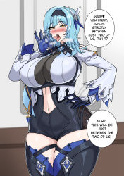 Rule 34 | absurdres, ahegao, blue hair, blush, breasts, english text, eula (genshin impact), fellatio gesture, genshin impact, gloves, hair ornament, hand on own hip, hella p, highres, huge breasts, skindentation, thighhighs, thighs, tongue, tongue out, yellow eyes