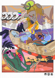 Rule 34 | 1boy, 2girls, alternate color, arms up, beach, big man (splatoon), blonde hair, border, capelet, chest sarashi, closed eyes, dark-skinned female, dark skin, drink, drinking straw, fangs, food, fruit, frye (splatoon), hammock, highres, inkling, inoue seita, jellyfish (splatoon), lime (fruit), lime slice, looking at viewer, lying, manta ray, multiple girls, navel, nintendo, octoling, official art, on side, open mouth, purple hair, red eyes, roller coaster, sarashi, shiver (splatoon), smile, splatoon (series), splatoon 3, sunglasses, tentacle hair, white border