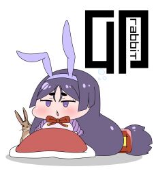Rule 34 | 1girl, absurdres, animal ears, blanket, chibi, commentary, fake animal ears, fate/grand order, fate (series), hairband, highres, long hair, low-tied long hair, minamoto no raikou (fate), parted bangs, purple eyes, purple hair, purple hairband, rabbit, rabbit ears, rei (rei rr), solo, squeans, symbol-only commentary, very long hair