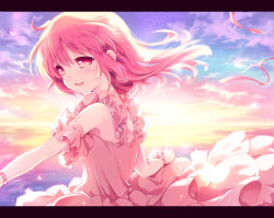 Rule 34 | 10s, 1girl, alternate hairstyle, blush, bracelet, cloud, dress, jewelry, kaname madoka, letterboxed, mahou shoujo madoka magica, mahou shoujo madoka magica (anime), open mouth, petals, pink eyes, pink hair, ribbon, skirt hold, sky, smile, solo, water, wind, wind lift, yamada ako