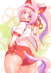 animal_ears arm_up ass blush bow buruma clothing_cutout ear_bow ear_covers fingerless_gloves from_behind gloves gym_uniform hair_intakes haru_urara_(umamusume) headband highres horse_ears horse_girl horse_tail jacket long_hair looking_back ooba_jun open_mouth panties panties_under_buruma panty_peek pink_eyes pink_hair ponytail red_buruma red_gloves red_headband shirt smile tail tail_through_clothes thighs track_jacket umamusume underwear white_jacket white_panties white_shirt