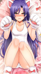 Rule 34 | 1girl, animal ears, animal hands, bad id, bad pixiv id, blue hair, blush, brown eyes, cat ears, cat tail, collarbone, fang, gloves, idolmaster, idolmaster (classic), inu (marukome), kemonomimi mode, kisaragi chihaya, knees together feet apart, long hair, looking at viewer, lying, on back, one-piece swimsuit, open mouth, paw gloves, paw print, pillow, school swimsuit, solo, swimsuit, tail, very long hair, white one-piece swimsuit, white school swimsuit