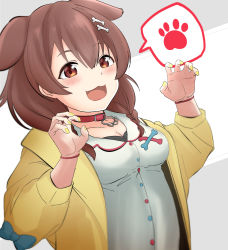 Rule 34 | 1girl, :3, :d, animal ears, blue bow, blush, bone hair ornament, bone print, bow, braid, breasts, brown eyes, brown hair, buttons, claw pose, cleavage, collar, collarbone, commentary request, dog ears, dutch angle, extra ears, floppy ears, grey background, hair between eyes, hair ornament, hands up, highres, hololive, inugami korone, inugami korone (1st costume), jacket, long hair, looking at viewer, low twintails, medium breasts, nail polish, open mouth, red collar, sankon (choko-noki), shirt, simple background, smile, solo, spoken paw, twin braids, twintails, two-tone background, upper body, virtual youtuber, white shirt, yellow jacket, yellow nails