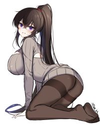 Rule 34 | 1girl, absurdres, arched back, artist name, ass, breasts, brown hair, brown pantyhose, counter:side, covered erect nipples, dress, from side, full body, grin, hair between eyes, high ponytail, highres, kneeling, large breasts, long hair, long sleeves, looking at viewer, maett, no shoes, panties, panties under pantyhose, pantyhose, purple eyes, ribbed sweater, sidelocks, simple background, smile, solo, sweater, sweater dress, thighband pantyhose, turtleneck, turtleneck sweater, underwear, very long hair, white background, yoo mina