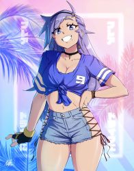 Rule 34 | 1girl, ahoge, black gloves, blue eyes, breasts, choker, cleavage, commentary, cutoffs, denim, denim shorts, english commentary, fingerless gloves, front-tie top, gloves, grin, hairband, hand on own hip, highres, hip vent, kellzallday, lace-up shorts, large breasts, light purple hair, long hair, looking at viewer, mole, mole under mouth, navel, original, shirt, shorts, single fingerless glove, single glove, skindentation, smile, solo, standing, t-shirt, thighs