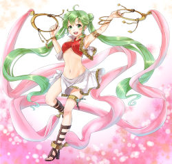 Rule 34 | 1girl, anklet, bangle, blush, bracelet, breasts, cleavage, dancer, earrings, fire emblem, fire emblem: genealogy of the holy war, full body, gladiator sandals, green eyes, green hair, harem outfit, haru (nakajou-28), highres, jewelry, loincloth, long hair, looking at viewer, medium breasts, midriff, navel, nintendo, open mouth, sandals, sash, silvia (fire emblem), smile, solo, twintails, underboob, very long hair