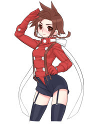 Rule 34 | 00s, 1girl, bad id, bad pixiv id, black thighhighs, braid, brown eyes, brown hair, folks (nabokof), garter straps, gender request, genderswap, gloves, hand on own hip, hip focus, lloyd irving, long sleeves, open pants, pants, red shirt, ribbon, salute, shirt, short shorts, shorts, simple background, solo, suspenders, tales of (series), tales of symphonia, thighhighs, twin braids