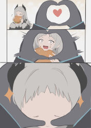 Rule 34 | 1girl, 1other, absurdres, arknights, black gloves, burger, earrings, eating, food, food on face, forehead, gloves, grey hair, head wings, heart, heart hands, highres, holding, holding food, irene (arknights), jewelry, long hair, long sleeves, looking at viewer, open mouth, pov, scar, scar across eye, scar on face, sparkle, twitter username, wawamachi (wawamachis), wide-eyed, wings