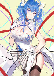 Rule 34 | 1girl, azur lane, black thighhighs, blue hair, blush, bow, breasts, china dress, chinese clothes, cleavage, dress, echj, gloves, hair bow, hair ornament, hair ribbon, hand fan, highres, large breasts, long hair, looking at viewer, ribbon, simple background, smile, solo, st. louis (azur lane), st. louis (spirits in the snow) (azur lane), strap, strapless, strapless dress, thighhighs, thighs, tight clothes, white dress, white gloves