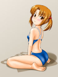 Rule 34 | ass, barefoot, brown eyes, brown hair, competition swimsuit, feet, kneeling, looking back, one-piece swimsuit, short hair, solo, swimsuit, tk4, twintails
