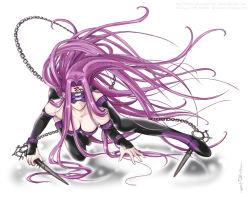 Rule 34 | 00s, 1girl, bare shoulders, blindfold, breasts, chain, cleavage, detached sleeves, dress, fate/stay night, fate (series), large breasts, long hair, medusa (fate), medusa (rider) (fate), purple hair, solo, strapless, strapless dress, thighhighs, tomuyu, very long hair, watermark, weapon, white background