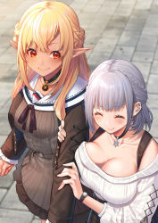 Rule 34 | 2girls, ^ ^, black choker, black neckwear, black ribbon, blonde hair, breasts, brown shirt, choker, cleavage, closed eyes, closed mouth, dark-skinned female, dark skin, elf, highres, hololive, large breasts, long hair, looking at another, mikan (chipstar182), multiple girls, open mouth, pointy ears, red eyes, ribbon, sailor collar, shiranui flare, shiranui flare (street), shirogane noel, shirogane noel (casual), shirt, short hair, silver hair, smile, striped clothes, striped shirt, sweater, vertical-striped clothes, vertical-striped shirt, virtual youtuber, watch, white sailor collar, white sweater