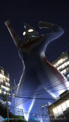 Rule 34 | 1boy, alien, clenched hands, from below, giant, looking up, male focus, night, night sky, power lines, serike w, sky, solo, tokusatsu, ultra series, ultraman decker, ultraman decker (series), yellow eyes