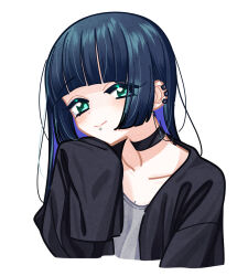 Rule 34 | 1girl, black choker, black dress, black hair, blunt bangs, bocchi the rock!, breasts, chin piercing, choker, cleavage, coat, colored inner hair, dress, ear piercing, goth fashion, green eyes, grey dress, hand on own chin, highres, hime cut, izuru@doto-lu, long coat, long dress, long hair, long sleeves, looking at viewer, multicolored hair, open clothes, open coat, pa-san, piercing, sleeves past fingers, sleeves past wrists, small breasts, smile, solo, white background