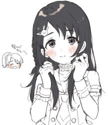 Rule 34 | alternate hair length, alternate hairstyle, armband, black hair, blush, blush stickers, braid, buttons, choker, closed mouth, collarbone, commentary request, disembodied head, dot nose, frilled armband, frilled choker, frilled wrist cuffs, frills, hair ornament, hairclip, highres, idolmaster, idolmaster cinderella girls, idolmaster cinderella girls u149, long hair, looking at viewer, monochrome, nanagaedemo, necktie, open mouth, partially colored, playing with own hair, rabbit hair ornament, sasaki chie, side ponytail, sidelocks, translation request, upper body, vest, white background, wrist cuffs