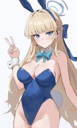 Rule 34 | 1girl, akahinao, animal ears, blonde hair, blue archive, blue eyes, blue leotard, blue ribbon, blunt bangs, blush, bow, bowtie, braid, breasts, cleavage, cowboy shot, detached collar, earpiece, fake animal ears, fake tail, hair ribbon, halo, headset, highleg, highleg leotard, highres, leotard, long hair, looking at viewer, medium breasts, multicolored hair, official alternate costume, playboy bunny, rabbit ears, rabbit tail, ribbon, simple background, smile, solo, streaked hair, tail, toki (blue archive), toki (bunny) (blue archive), v, wrist cuffs