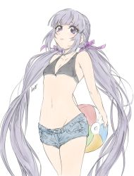 Rule 34 | 1girl, ball, beachball, bikini, bikini top only, closed mouth, denim, denim shorts, holding, holding ball, holding beachball, long hair, looking at viewer, mitsugu, purple eyes, purple hair, shorts, simple background, solo, sophie (tales), swimsuit, tales of (series), tales of graces, twintails, white background