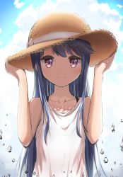 Rule 34 | 1girl, blue hair, blue sky, blush, bow, bra strap, cloud, cloudy sky, dress, hands up, hat, hat ribbon, highres, holding, holding clothes, holding hat, long hair, looking at viewer, n2midori, purple eyes, ribbon, shaded face, shima rin, sidelocks, sky, smile, solo, strapless, strapless dress, straw hat, sun hat, very long hair, water drop, white bow, white dress, white ribbon, yurucamp