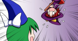 Rule 34 | 0 0, blue headwear, broom, broom riding, cape, chibi, dress, emphasis lines, flying sweatdrops, gradient background, green hair, hat, kirisame marisa, kirisame marisa (pc-98), mima (touhou), motion lines, open mouth, pointy ears, purple background, purple cape, purple dress, purple headwear, rakugaki-biyori, red hair, short hair, touhou, touhou (pc-98), upper body, upside-down, white background, witch hat, wizard hat