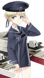 Rule 34 | 10s, 1girl, anchor, blue eyes, cannon, clothes writing, dress, hand up, hat, highres, kantai collection, kriegsmarine, looking at viewer, machinery, neckerchief, ruisento, sailor collar, sailor dress, sailor hat, short hair, silver hair, solo, turret, white background, z1 leberecht maass (kancolle)