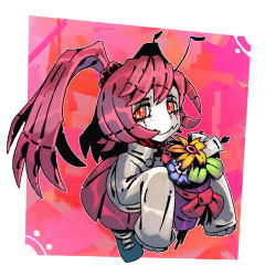Rule 34 | 1girl, alternate hairstyle, antennae, blush, bow, closed mouth, colored skin, commentary, english commentary, entoma vasilissa zeta, fangs, fangs out, flower, hair bobbles, hair ornament, holding, arthropod girl, long hair, looking at viewer, monster girl, overlord (maruyama), pink background, pink skirt, pleated skirt, purple hair, ramenwarwok, red bow, red eyes, skirt, sleeves past fingers, sleeves past wrists, slit pupils, smile, solo, standing, twintails, white skin, yellow flower