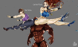 Rule 34 | 1boy, 2girls, abs, ass, ass-to-ass, bald, blood, blush, breasts, brown eyes, brown hair, capcom, captain mizuki, chougoukin kurobikari, colorized, crossover, dark-skinned male, dark skin, denim, face in ass, girl sandwich, grey background, high heels, highres, hip attack, huge ass, jeans, large breasts, legs, long hair, medal, medallion, multiple girls, muscular, muscular female, nosebleed, one-punch man, orange hair, pants, parody, rainbow mika, sandwiched, sports bra, street fighter, street fighter v, sweat, tank top, tanktop girl, the golden smurf, thick thighs, thighs, thong, topless male, torn clothes, torn jeans, torn pants, very dark skin, wide hips, wristband, yamato nadeshiko (street fighter)