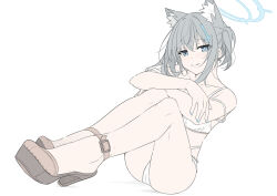Rule 34 | 1girl, animal ear fluff, animal ears, blue archive, blue eyes, blue nails, blush, bra, brown footwear, closed mouth, cross hair ornament, fingernails, foreshortening, grey background, hair ornament, halo, legs, looking at viewer, masabodo, nail polish, panties, shiroko (blue archive), shoes, simple background, sitting, smile, solo, strappy heels, thighs, underwear, underwear only, white bra, white panties