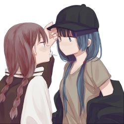 Rule 34 | 2girls, baseball cap, blue hair, braid, brown hair, eye contact, hand on another&#039;s hat, hat, inuko (ink0425), jacket, long hair, looking at another, low twin braids, low twintails, mouth hold, multiple girls, off shoulder, original, twin braids, twintails, white background