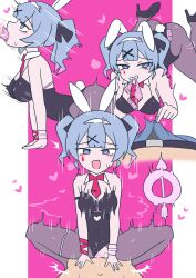 Rule 34 | 1boy, 1girl, animal ears, black pantyhose, blue eyes, blue hair, blunt bangs, breasts, channel ( caststation) (style), condom, cowgirl position, detached collar, fellatio, hatsune miku, heart, heart-shaped pupils, hetero, highres, large breasts, leotard, long hair, necktie, oral, pantyhose, pink background, playboy bunny, rabbit ears, rabbit hole (vocaloid), rabbit tail, sex, simple background, squatting cowgirl position, straddling, symbol-shaped pupils, tail, twintails, white background, yunshih