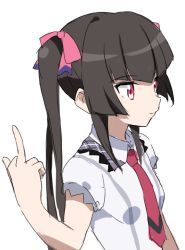 Rule 34 | 1girl, black hair, blunt bangs, breasts, chupirinko, closed mouth, commentary request, hair ornament, highres, long hair, lydian academy school uniform, middle finger, necktie, pink eyes, school uniform, senki zesshou symphogear, simple background, small breasts, solo, tsukuyomi shirabe, twintails, upper body, white background
