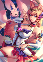 Rule 34 | 1girl, ahri (league of legends), alternate costume, alternate hair color, animal ears, blue eyes, boots, breasts, cleavage, facial mark, familiar, fox ears, fox tail, halterneck, highres, league of legends, lips, long hair, looking at viewer, magical girl, nail polish, skirt, smile, solo, star guardian (league of legends), star guardian ahri, tail, thigh boots, thighhighs, tiara, v, whisker markings