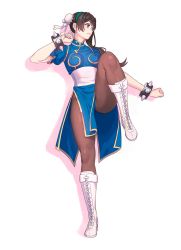 Rule 34 | 1girl, alternate costume, black hair, blue dress, boots, bracelet, breasts, brown hair, brown pantyhose, bun cover, capcom, china dress, chinese clothes, chun-li, chun-li (cosplay), commentary request, cosplay, cross-laced footwear, double bun, dress, earrings, fighting stance, full body, glasses, hair bun, hairband, highres, jewelry, kantai collection, knee boots, long hair, looking to the side, ooyodo (kancolle), pantyhose, pelvic curtain, puffy short sleeves, puffy sleeves, sash, semi-rimless eyewear, short sleeves, simple background, small breasts, solo, spiked bracelet, spikes, standing, standing on one leg, street fighter, thighs, under-rim eyewear, white background, white footwear, yuuji (and)