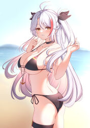 Rule 34 | 1girl, absurdres, ahoge, ass, azur lane, beach, bikini, black bikini, black choker, blurry, blurry background, bow, breasts, choker, cowboy shot, day, hair bow, hands up, highres, large breasts, long hair, looking back, moyoron, multicolored hair, ocean, parted lips, prinz eugen (azur lane), prinz eugen (unfading smile) (azur lane), side-tie bikini bottom, sideboob, skindentation, sky, solo, strap gap, streaked hair, swimsuit, thigh strap, twisted torso, two side up, very long hair, white hair, yellow eyes