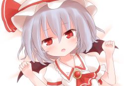 Rule 34 | 1girl, arms up, ascot, bat wings, blue hair, blush, dress, female focus, hat, hat ribbon, open mouth, pointy ears, red eyes, remilia scarlet, ribbon, shirt, shize (coletti), solo, tears, touhou, white dress, wings