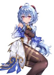 Rule 34 | 1girl, absurdres, ahoge, bare shoulders, bell, black legwear, blue gloves, blue hair, blush, breasts, detached sleeves, ganyu (genshin impact), genshin impact, gloves, gold trim, hand on own chest, highres, horns, long hair, looking at viewer, lying, medium breasts, neck bell, on side, purple eyes, sidelocks, smile, solo, thighlet, waist cape, white background, white sleeves, whitepoplartree