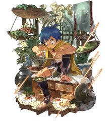 Rule 34 | 1boy, balance scale, barefoot, blue hair, book, character request, child, commentary request, copyright request, hanging plant, holding, leaf, looking down, male focus, mercstoria, open book, plant, potted plant, short hair, shorts, sitting, solo focus, weighing scale