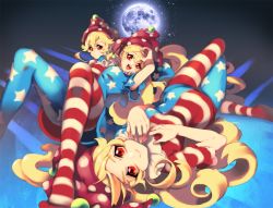 Rule 34 | 3girls, american flag dress, american flag legwear, bad id, bad pixiv id, blonde hair, cheong ha, clone, clownpiece, gradient background, hands on own chest, hat, jester cap, long hair, looking at viewer, lying, moon, multiple girls, multiple persona, on back, open mouth, pantyhose, red eyes, smile, star (symbol), touhou, very long hair