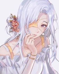 Rule 34 | 1girl, bad id, bad twitter id, bandaid, bandaid on cheek, bandaid on face, bra, bra strap, clivenzu, dress, flower, hair flower, hair ornament, long hair, looking at viewer, one eye covered, original, purple eyes, red flower, red rose, rose, silver hair, simple background, solo, star (clivenzu), star eyepatch, underwear, upper body, white background, white dress, yellow bra